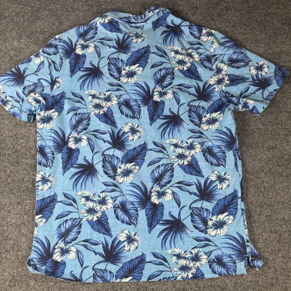 Tommy Bahama Polo Shirt Mens Large L Blue Tropical Hibiscus Floral Stretch Polo